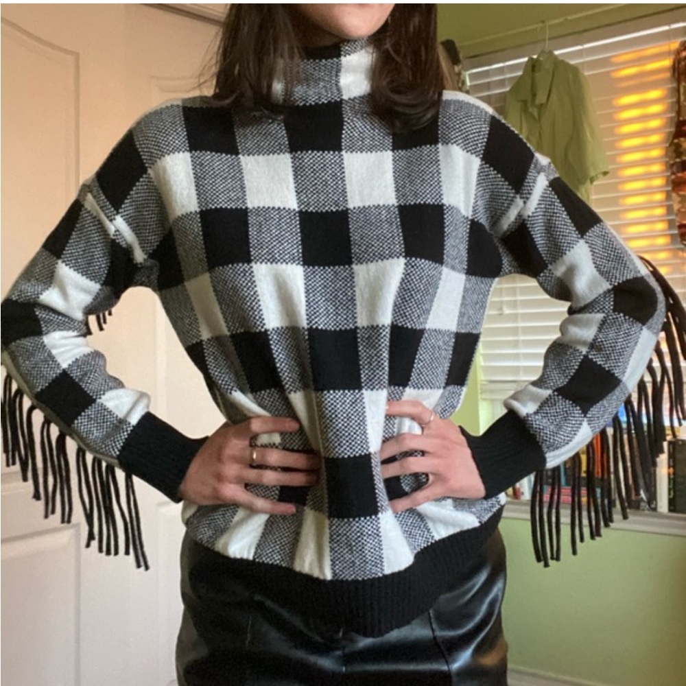 Ralph Lauren Women’s Buffalo Plaid Fringe Sleeve Sweater Black White